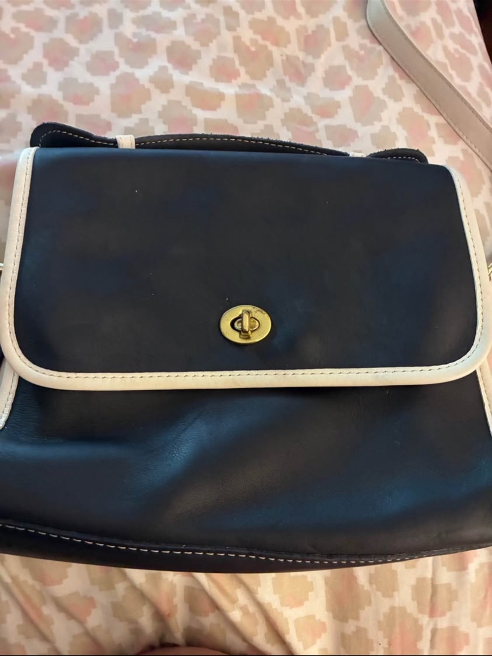 Coach Navy Blue Crossbody with Cream Trim and Gold Turn-Lock
